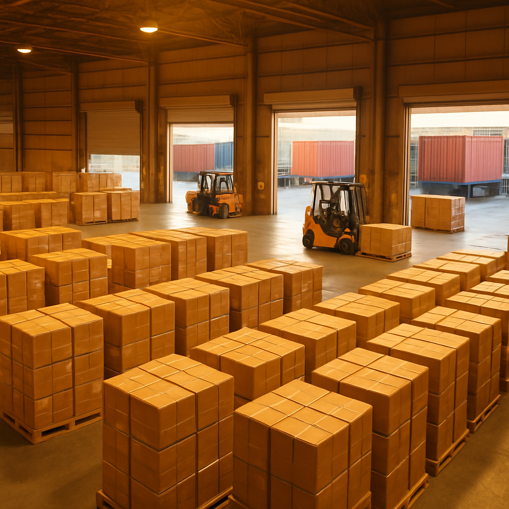 Warehouse with export-ready strapped cartons on pallets